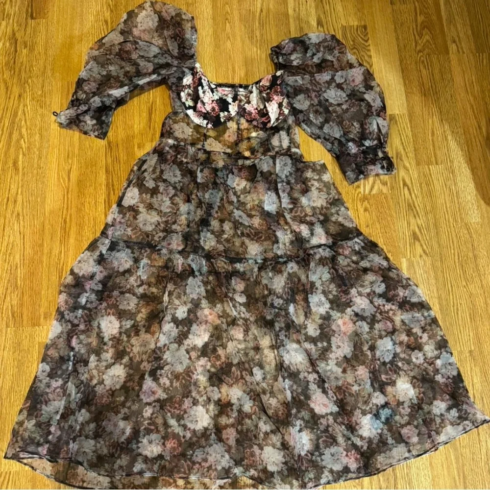 For Love & Lemons Floral Chiffon Dress with Puff Sleeves - Picture 4 of 6
